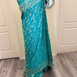 Teal and Gold Embroidered Saree